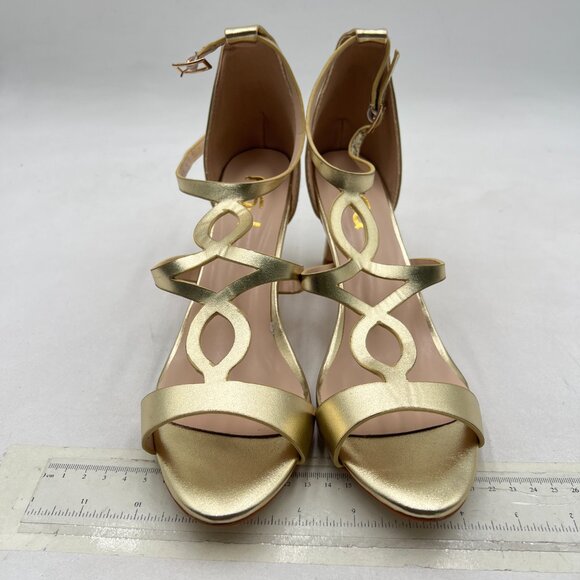 FSJ Gold Strappy Ankle Strap Sandals Open Toe Mid Heel Caged Cutout T-Strap Shoe - Picture 3 of 8